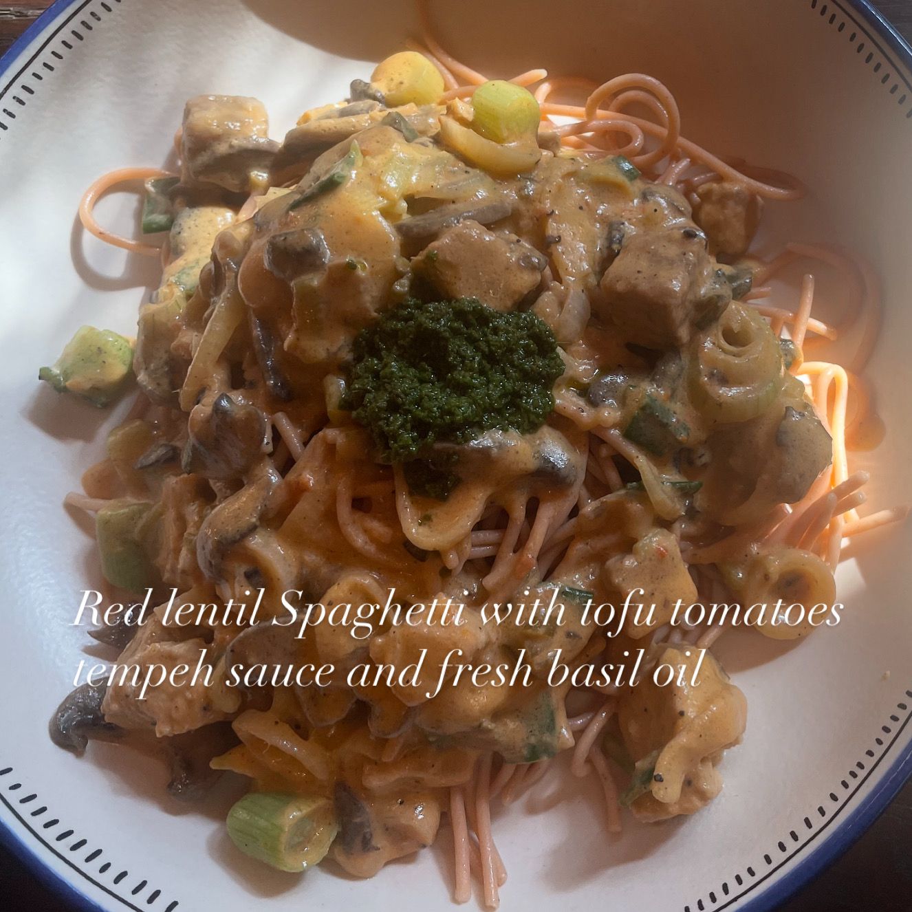 Red lentil Spaghetti with Tofu Tomatoes Tempe Souce And fresh Basil Oil
